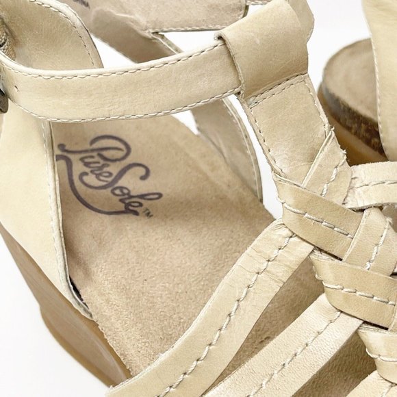 Pure Sole Leather Beige Nude Strappy Open Toe Wedge Sandals Size 9 - Picture 3 of 12